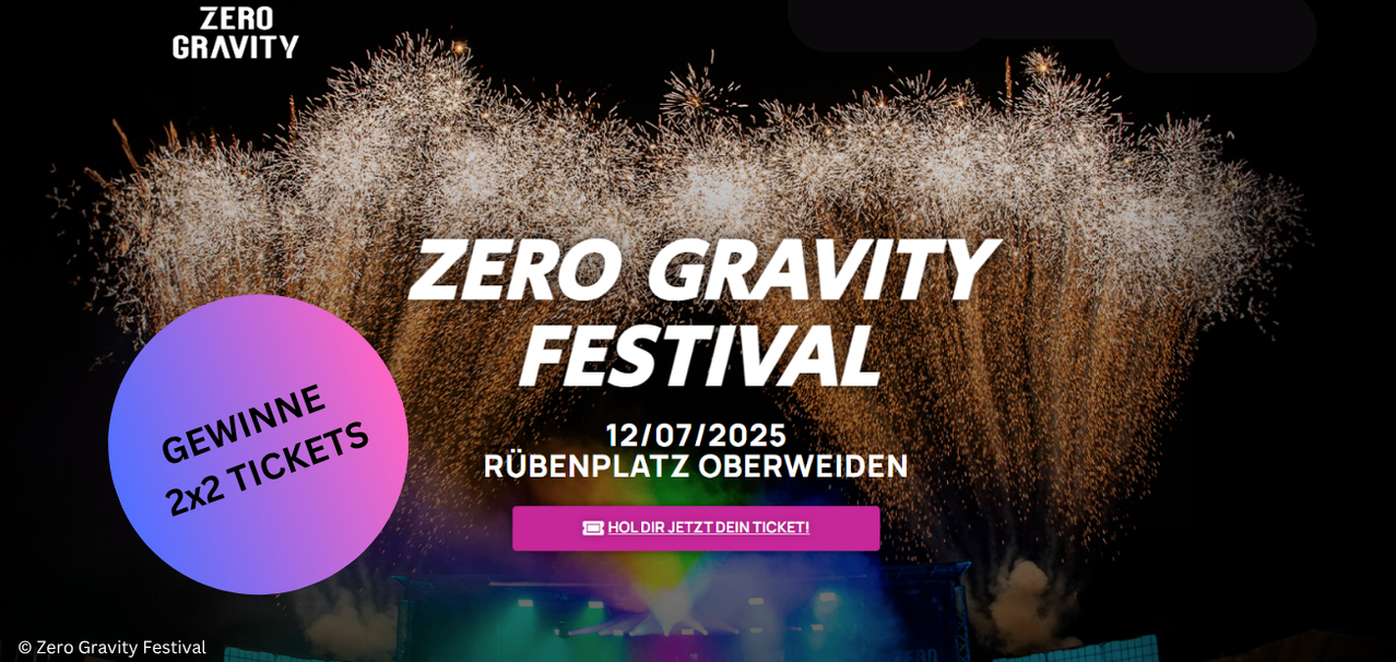 Werbung für das Zero Gravity Festival am 12.07.2025 auf dem Rubenplatz Oberweiden. Es zeigt Feuerwerk und eine farbenfrohe Bühne.