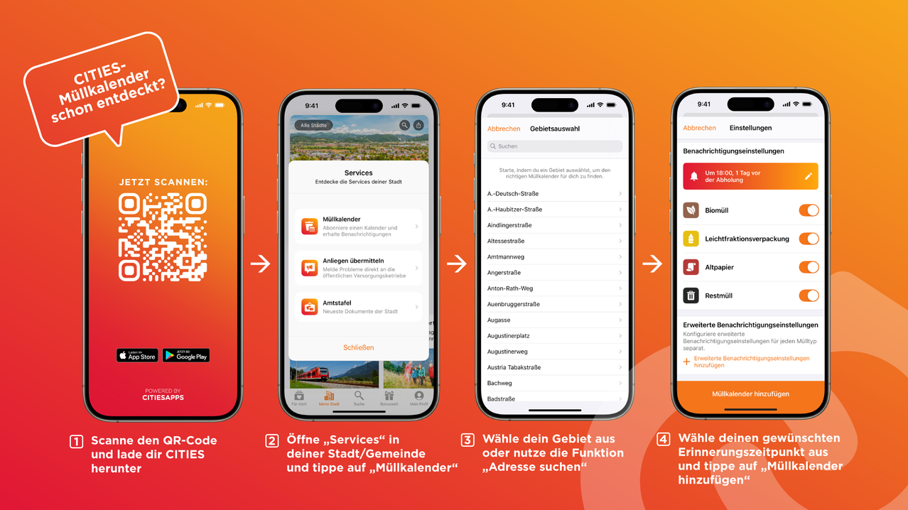 Eine App-Oberfläche zeigt verschiedene Dienste wie Abfallsammlung, städtische Dokumente und einen Kalender. Es zeigt auch eine Suchfunktion und verschiedene Kategorien für Straßen und Orte.