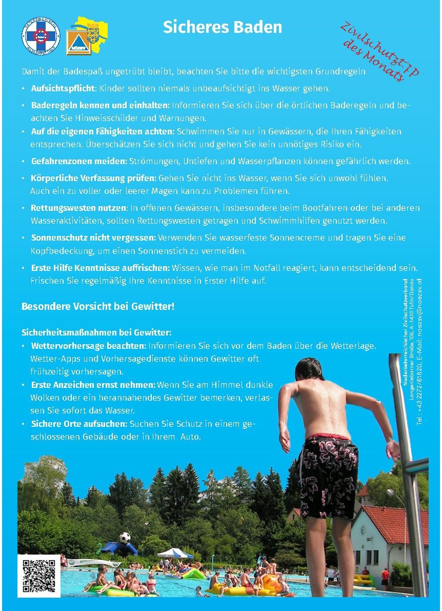 Ein Poster mit Sicherheitstipps zum Schwimmen. Ein Junge taucht ins Wasser. Wetterwarnungen, Sonnencreme, Erste-Hilfe-Wissen und Blitzschutzmaßnahmen sind aufgelistet.