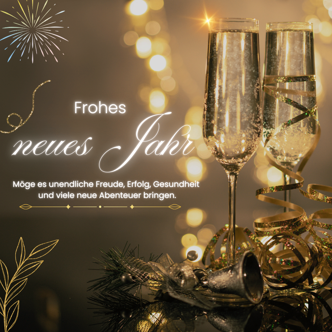 Ein Bild mit zwei Champagnergläsern, einer Glocke und goldenen Bändern. Der Text lautet 'Frohes neues Jahr' auf Deutsch und wünscht unendliche Freude, Erfolg, Gesundheit und neue Abenteuer.