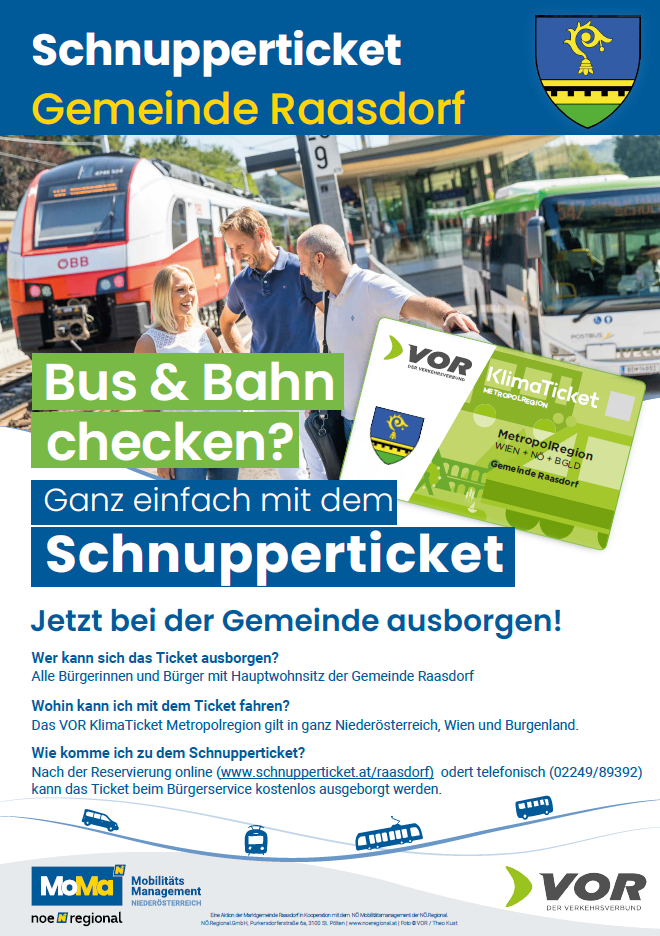 Werbung für ein Schnupperticket in der Gemeinde Raasdorf. Es zeigt eine Familie neben einem Zug und einem Bus. Der Text erklärt, wie einfach es ist, das Ticket für Bus- und Bahnfahrten zu nutzen. Es kann bei der Gemeinde Raasdorf gekauft werden.