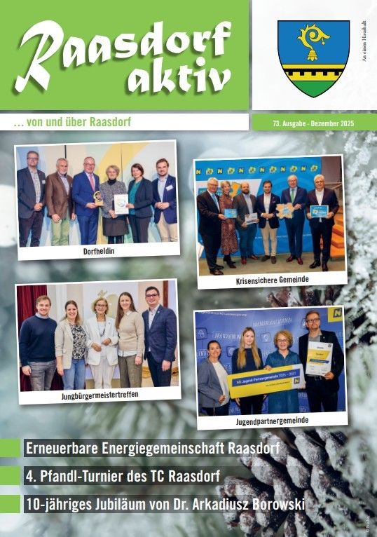 Das Cover einer Gemeindezeitschrift mit dem Titel 'Raasddorf aktiv' zeigt mehrere Fotos. Das Foto oben links zeigt eine Gruppe von Menschen in formeller Kleidung, die wahrscheinlich Auszeichnungen erhalten. Das Foto oben rechts zeigt eine Gruppe von Menschen, die Urkunden halten und vor einem Banner stehen. Das Foto unten links zeigt eine weitere Gruppe von Menschen in formeller Kleidung. Das Foto unten rechts zeigt Menschen, die Urkunden halten und vor einem Banner stehen. Das Zeitschriftencover hebt auch das 10-jährige Jubiläum von Dr. Arkadiusz Borowski hervor.