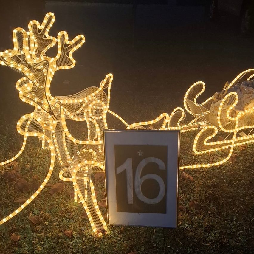 Beleuchtete Rentier- und Schlittendekorationen auf einem Rasen mit der Nummer 16 in einem Rahmen, leuchten warm im Abendlicht.