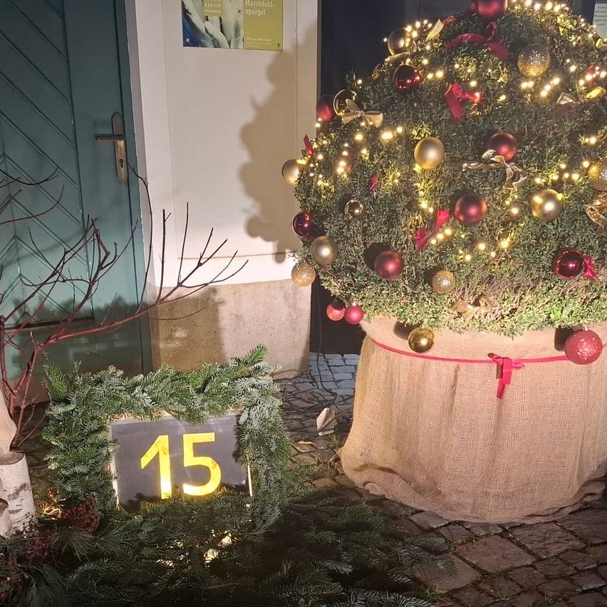 Ein mit Ornamenten und Lichtern geschmückter Weihnachtsbaum steht vor einer Haustür. Im Vordergrund befindet sich ein Schild mit der Nummer 15.