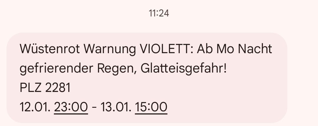 Weather warning VIOLET: From Monday night, heavy rain, ice hazard! 2281 23:00 - 13.01. 15:00 11:24