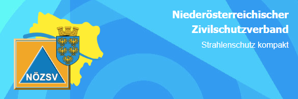 Ein blau-gelber Banner mit einer gelben Karte und dem Text 'Niederösterreichischer Zivilschutzverband Strahlenschutz kompakt'. Unter der Karte befindet sich ein Logo mit 'NÖZSV' in Blau.