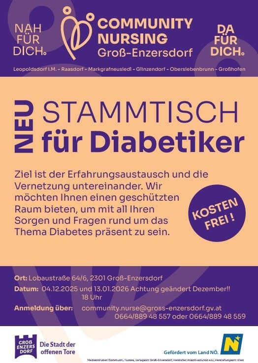 Plakat für eine Community-Nursing-Veranstaltung in Groß-Enzersdorf. Es lädt Diabetiker zu einem Treffen ein, betont den kostenlosen Eintritt und gibt Kontaktdaten an.