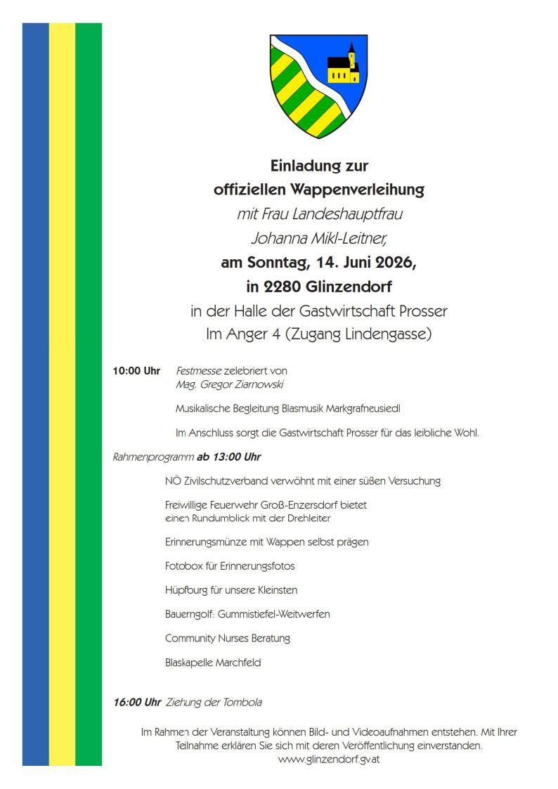Einladung zur offiziellen Waffenübergabe mit Frau Landeshauptfrau Johanna Mikl-Leitner, am Sonntag, 14. Juni 2026, in 2280 Glinzendorf in der Gastwirtschaft Prosser. Freies Essen und Musik von Blasmusik Markgrafneusiedl.
