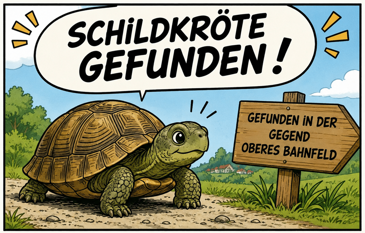 Eine Schildkröte steht neben einem Schild, das Schildkröte Gefunden! Gefunden Gegen Oberes Bar sagt. Die Schildkröte schaut etwas vor sich an.