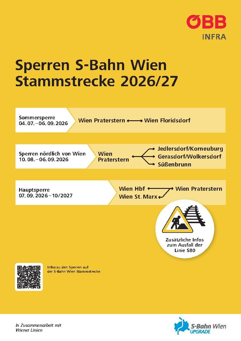 This poster informs about S-Bahn Vienna line closures from July 4 to September 6, 2026, and from August 10 to September 6, 2026. It also includes a major closure from September 7, 2026, to October 2027. Additional info is available for line S80.