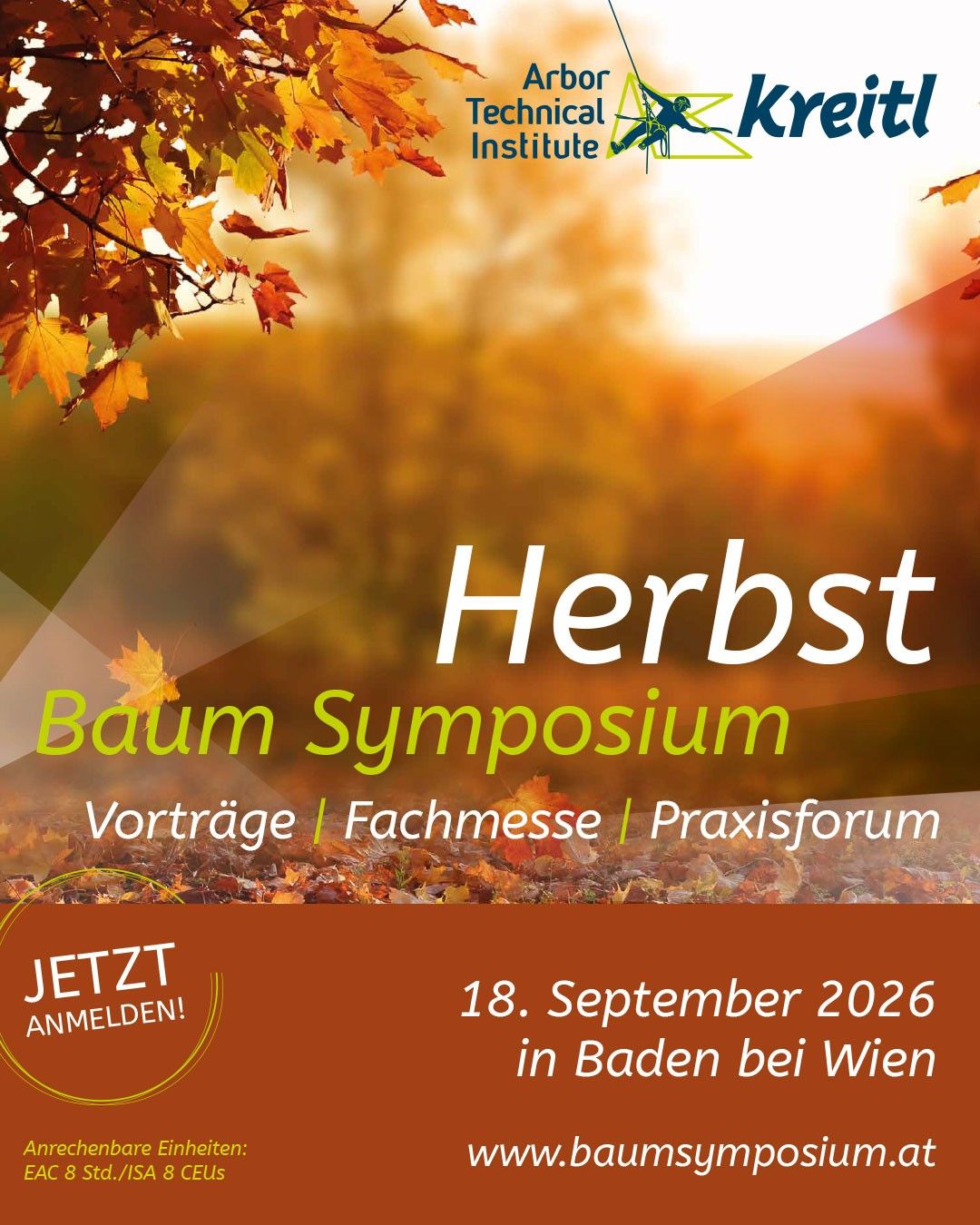 Plakat für das Herbst Baum Symposium mit Herbstblättern und verwischtem Hintergrund. Der Text lautet 'Herbst Baum Symposium' mit dem Datum 18. September 2026.