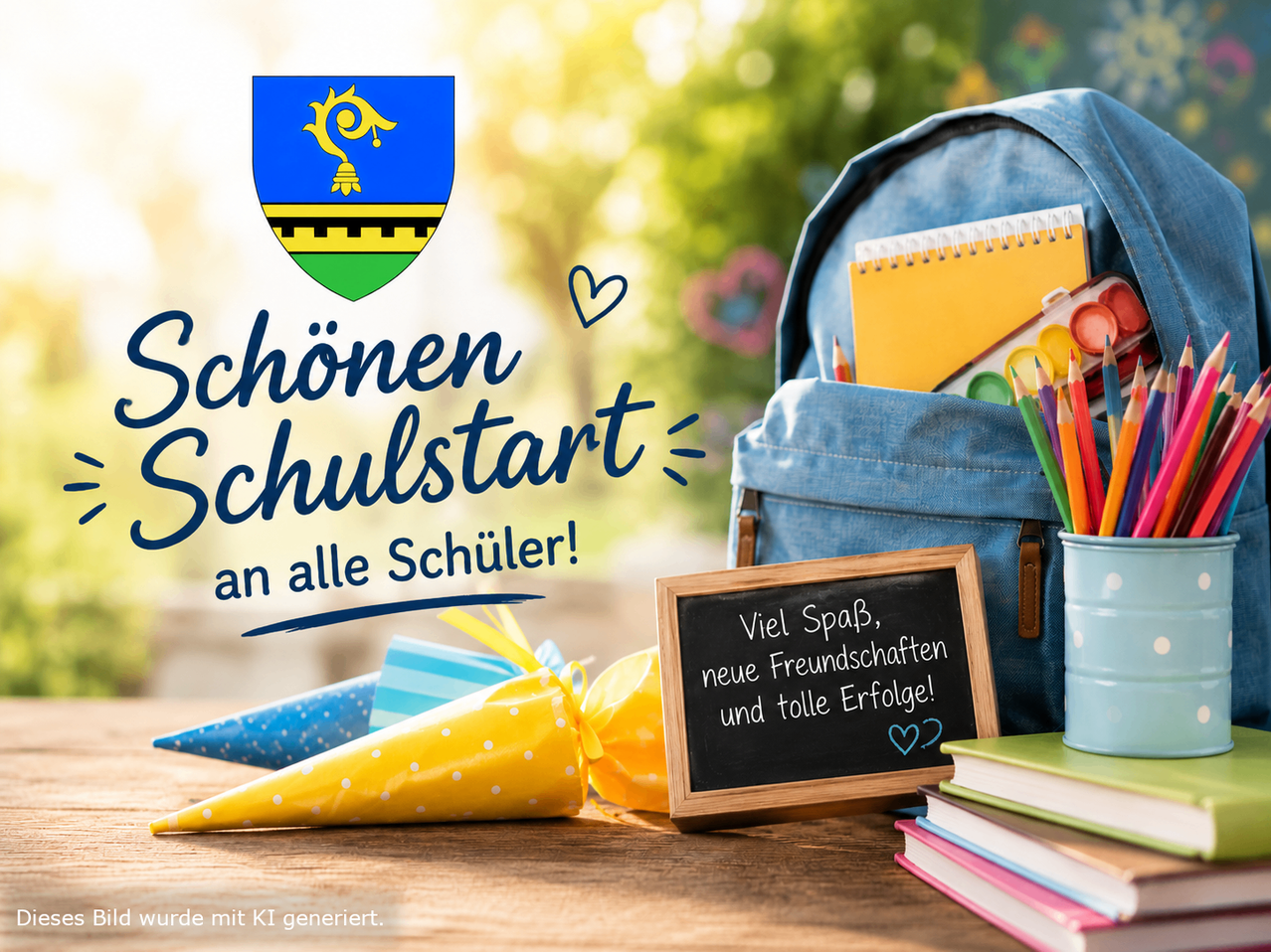 A poster with a school emblem, a backpack, and school supplies. It reads 'Schon Schulstart' and 'Viel SpaB, neue Freundschaften und tolle Erfolge!' in German.