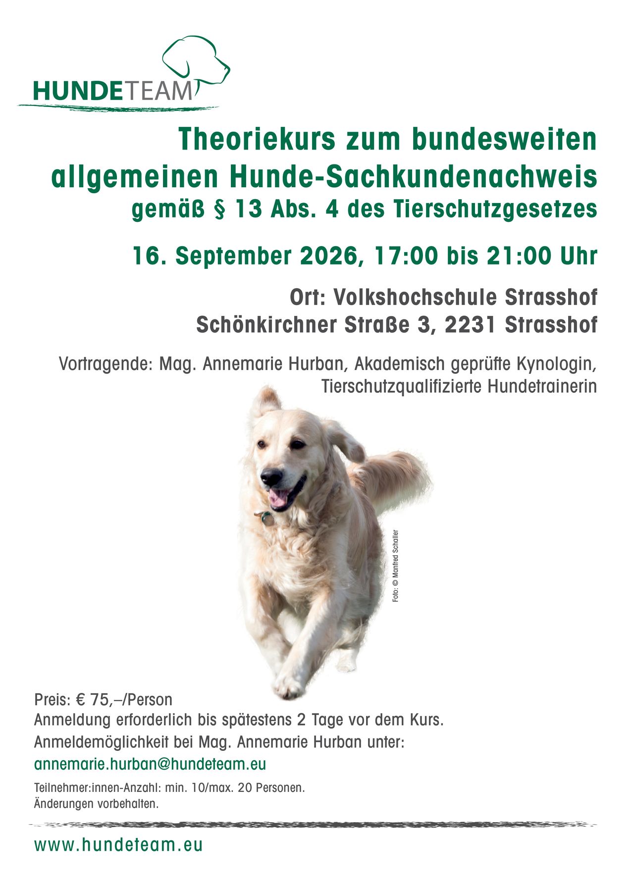 Ein Bild eines Golden Retrievers, der läuft, mit einem Flyer im Hintergrund, der einen Theoriekurs zum Hunde-Sachkundenachweis bewirbt. Der Flyer enthält Details wie Datum, Uhrzeit, Ort und Redner.