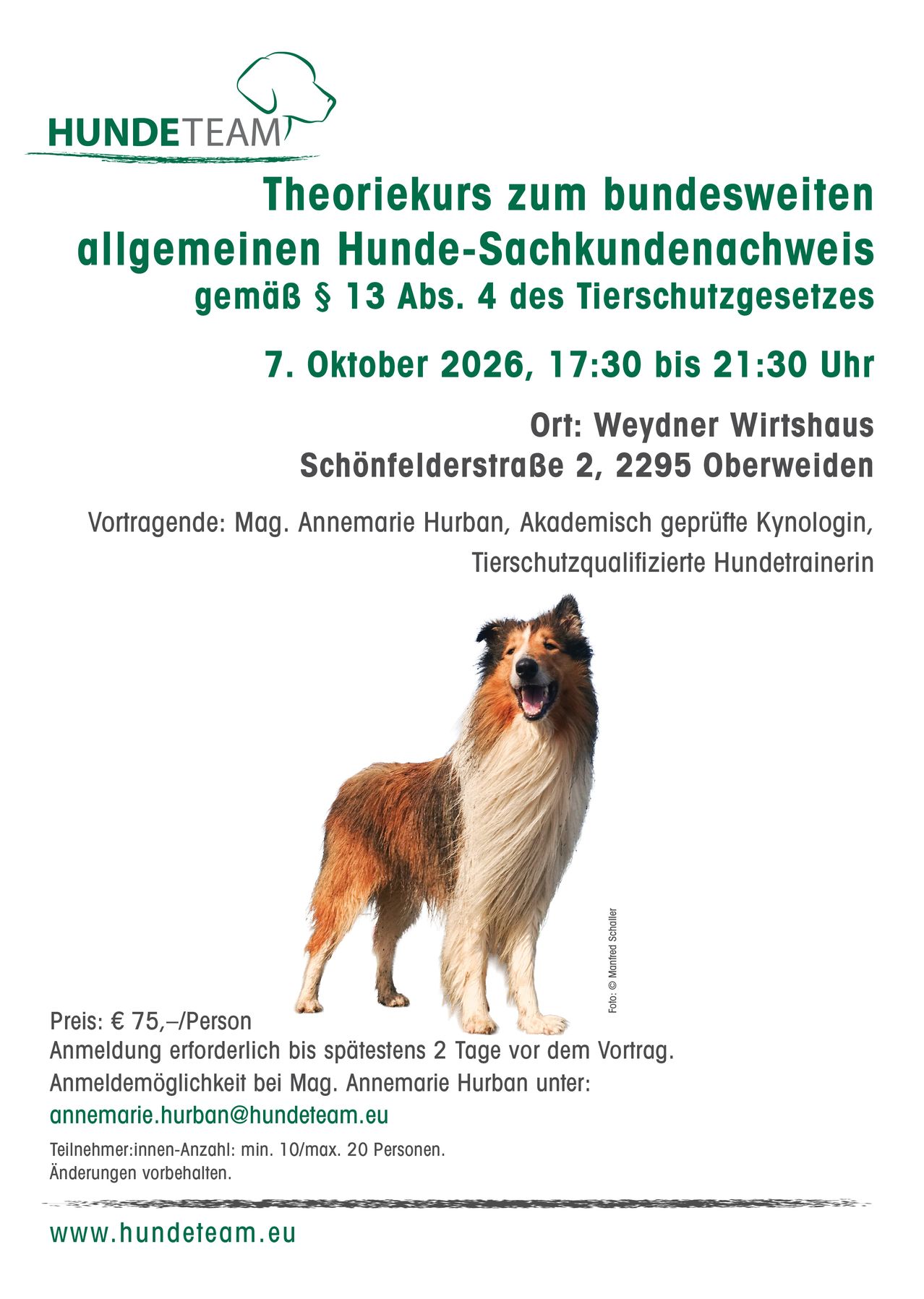 Plakat für ein Seminar zum Thema Hunde am 7. Oktober 2026, mit einem Collie-Hund und Informationen zur Veranstaltung.