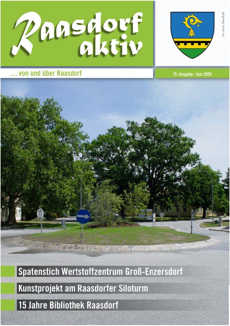 Ein deutscher Gemeindemagazin-Cover für Juni 2026. Es zeigt ein Bild eines Kreisverkehrs mit einem blauen Schild, das die Richtung anzeigt. Bäume und ein Gebäude sind im Hintergrund. Der Titel lautet 'Spatenstich Wertstoffzentrum Gross-Enzersdorf'.