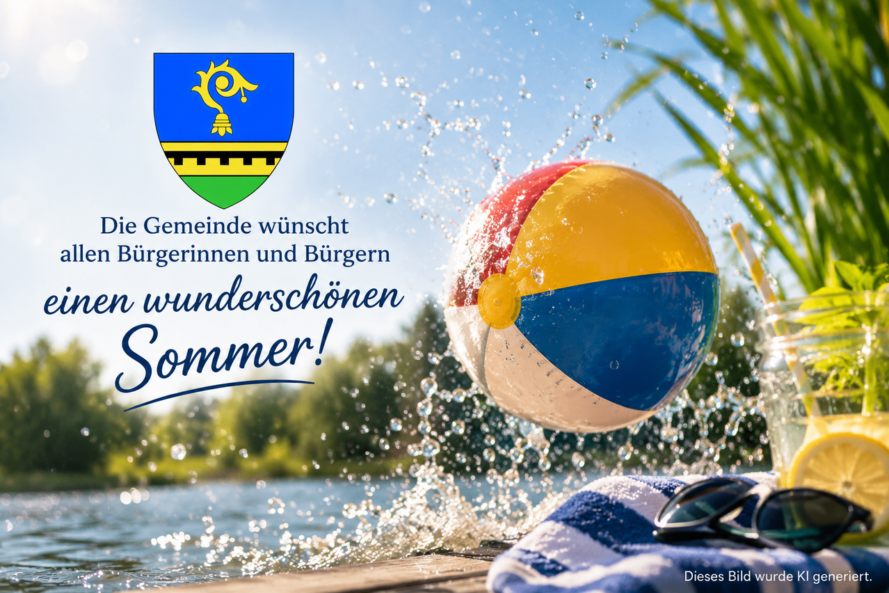 A beach ball splashes in water with a community logo above. It reads 'Community wishes residents and citizens a wonderful summer!'. Below, a towel and sunglasses are visible.