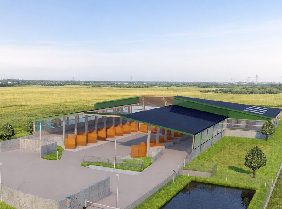An architectural rendering of a modern facility with a green roof and a black awning. Orange bins are lined up in a row. A small pond and grassy area surround the building. Trees and power lines are visible in the distance.