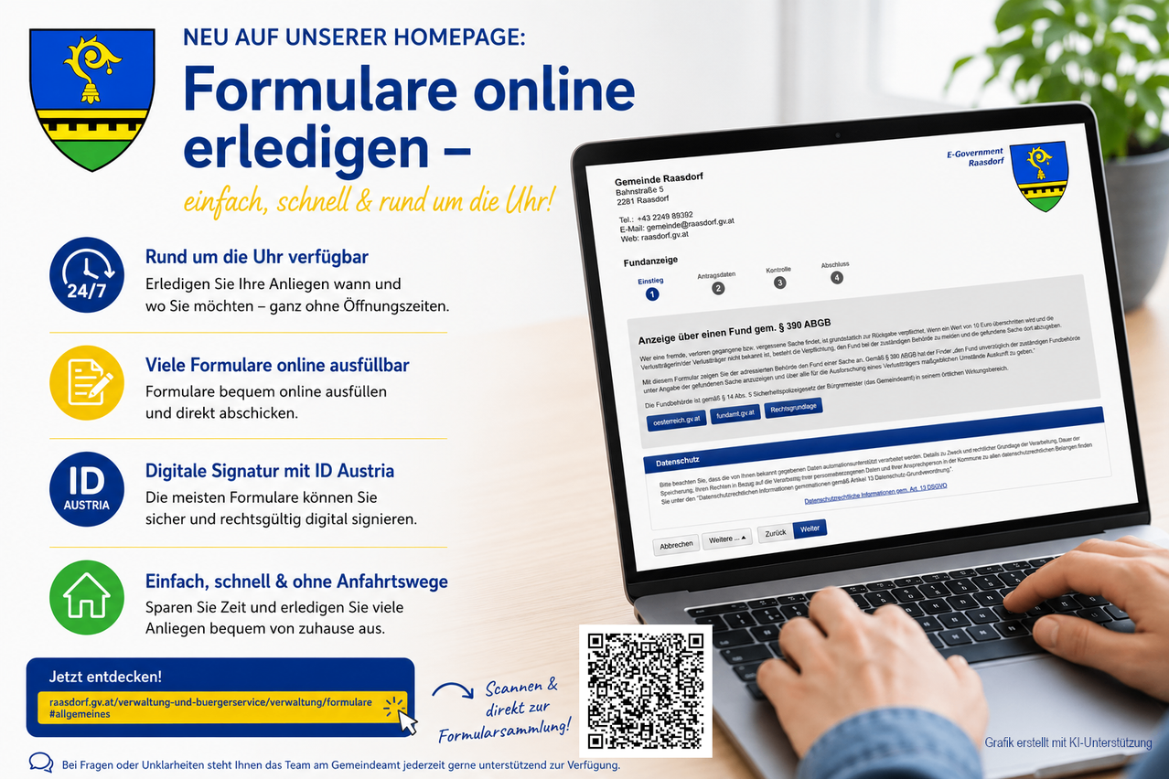 Formulare online erledigen auf der Homepage der Gemeinde Raasdorf, Laptop mit Webseite