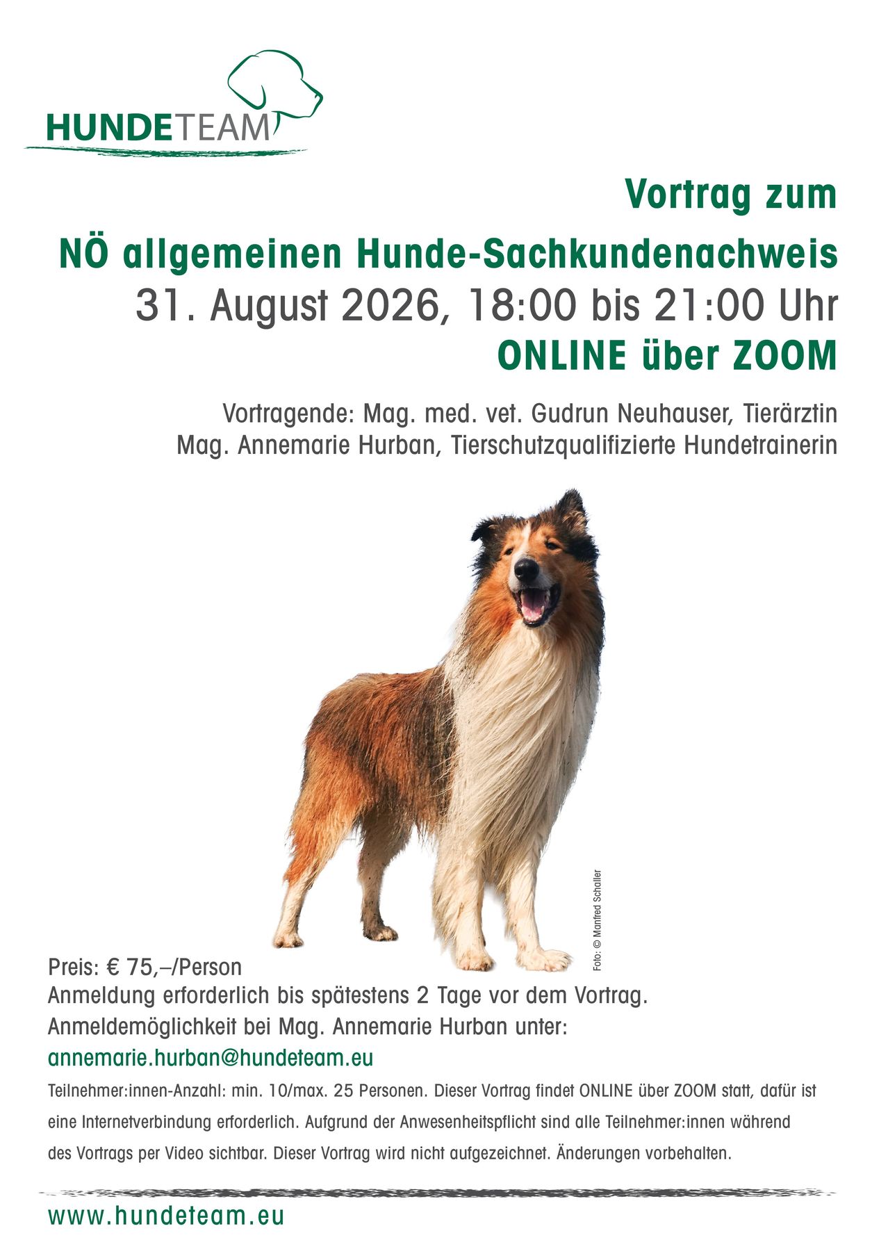 Ein Plakat bewirbt einen Vortrag über allgemeine Hunde-Gesundheitsprobleme, der online am 31. August 2026 stattfindet. Präsentierende sind Tierärzte Gudrun Neuhauser und Annemarie Hurban. Ein Collie-Hund steht lächelnd. Der Preis beträgt 75 Euro pro Person. Anmeldung erforderlich.