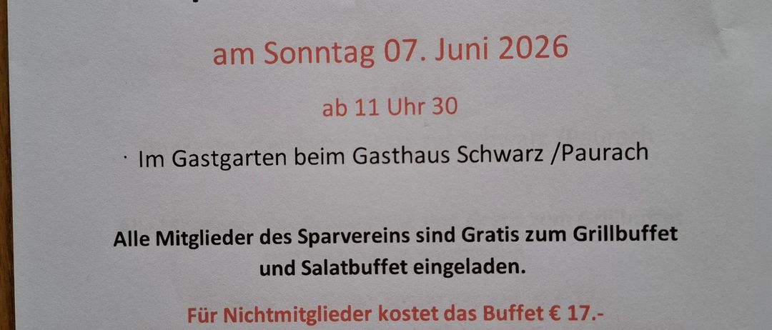 An invitation to a barbecue on Sunday, June 7, 2026, at 11:30 AM in the garden of Gasthaus Schwarz/Pairach. All members of the club are invited to a free grill and salad buffet. Non-members can join for 17 Euros. Friends and acquaintances are welcome.