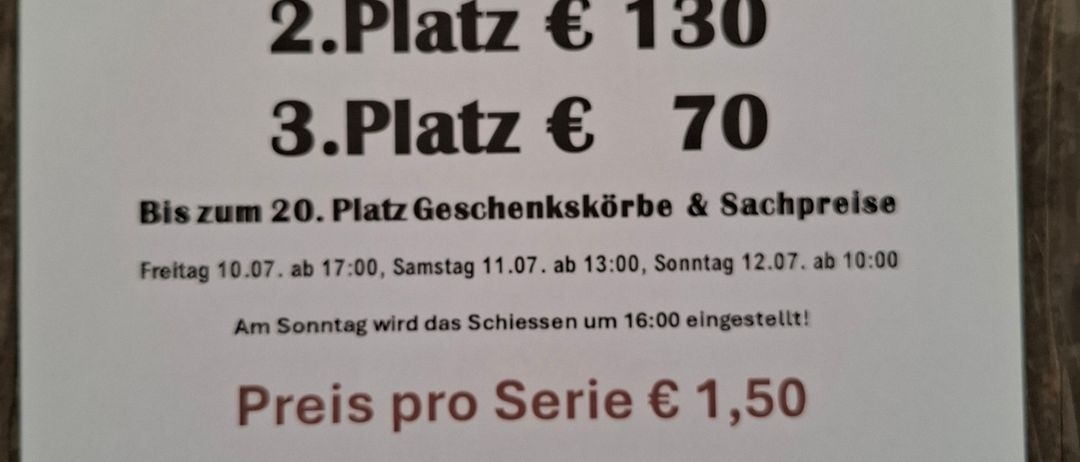 Das Plakat kündigt einen Wettbewerb im Gasthaus Schwarz in Aub an, bei dem Preise für die ersten drei Plätze vergeben werden. Die Anmeldung für Geschenkkörbe und Preise ist bis zum 20. Juli möglich. Der Wettbewerb beginnt am Freitag, Samstag und Sonntag. Das Schießen startet am Sonntag um 16:00 Uhr.
