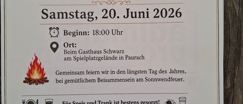 Einladungsposter für ein Sommersonnenwendefest am Samstag, 20. Juni 2026, Beginn 18:00 Uhr, im Gasthaus Schwarz in Paurach. Es zeigt ein Lagerfeuer, spielende Kinder und Symbole für Essen und Getränke. Die Veranstaltung unterstützt einen Spielplatz und einen Musikverein.