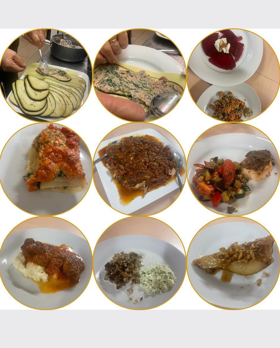 Eine Collage verschiedener Gerichte umfasst Auberginenlasagne, Fleischlasagne, Rindereintopf, Gemüsesalat, Hackbraten, Kartoffelpüree mit Soße und einen Salat mit Nüssen.