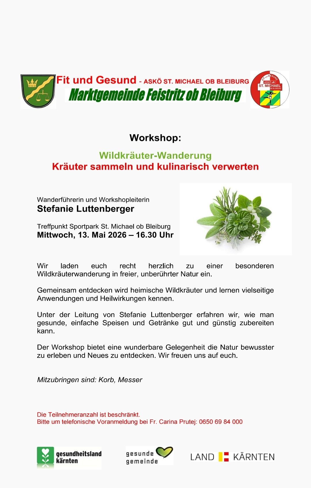 Workshop zu Wildkräutern. Stefanie Luttinger führt durch einen Spaziergang und zeigt, wie Wildkräuter gesammelt und in der Küche verwendet werden. Treffpunkt Sportpark St. Michael ob Bleiburg am 13. Mai 2026 um 16:30 Uhr.