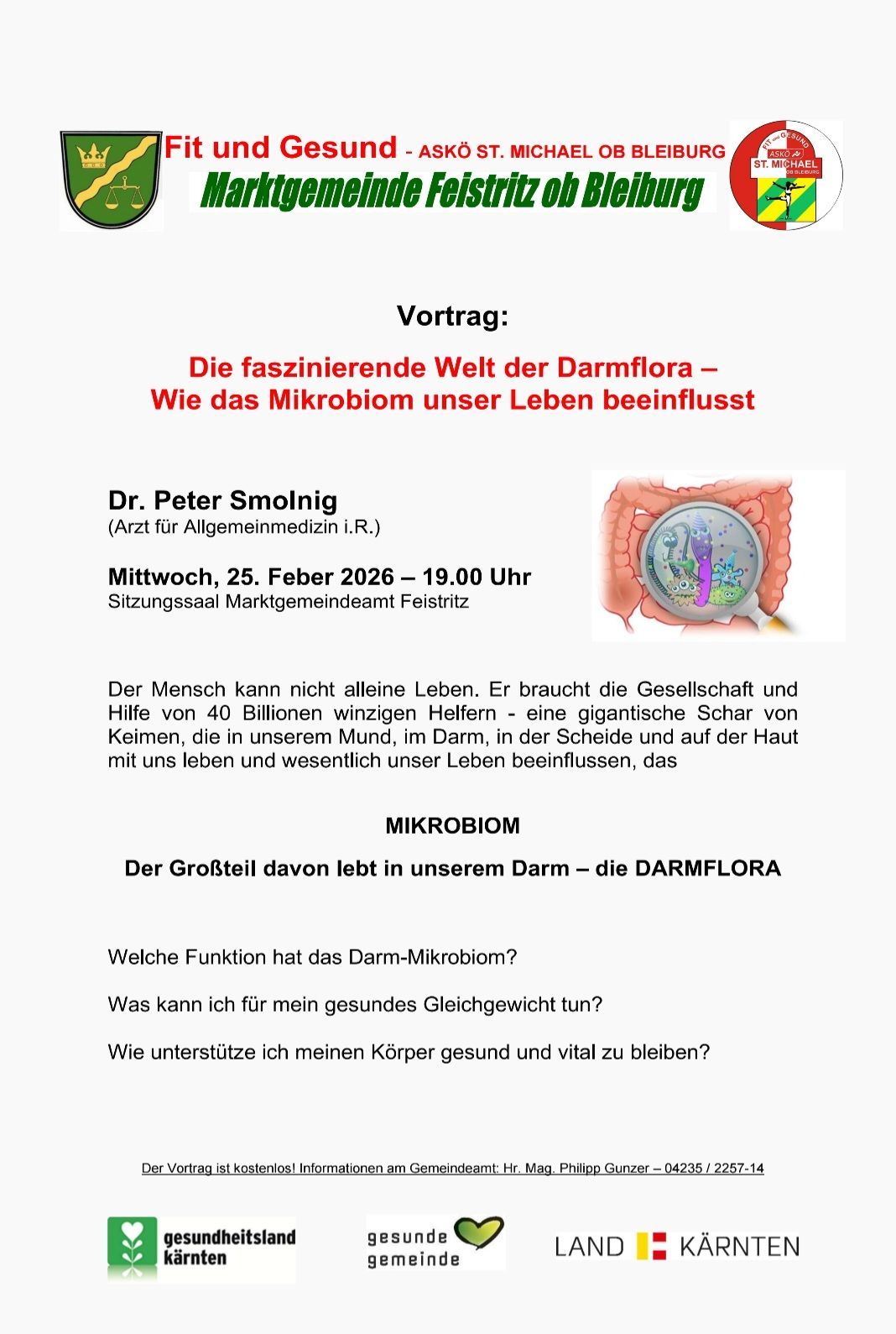 Ein Flyer für eine Präsentation mit dem Titel 'Die faszinierende Welt der Darmflora - Wie das Mikrobiom unser Leben beeinflusst'. Er zeigt ein mikroskopisches Bild der Darmflora. Datum und Ort der Veranstaltung werden ebenfalls angegeben.