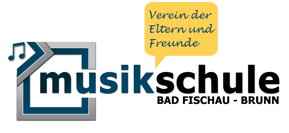 Auf schwarzem Hintergrund ist ein Logo einer Musikschule und eine gelbe Sprechblase mit der Aufschrift 'Verein der Eltern und Freunde' zu sehen.