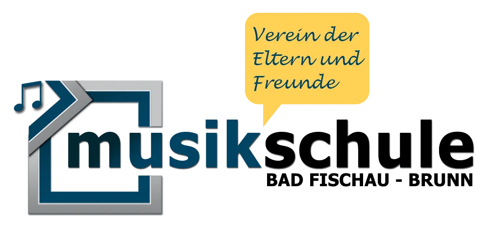 Auf schwarzem Hintergrund ist ein Logo einer Musikschule und eine gelbe Sprechblase mit der Aufschrift 'Verein der Eltern und Freunde' zu sehen.