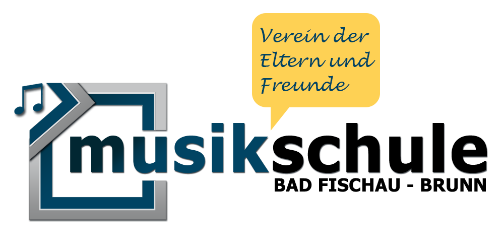 Auf schwarzem Hintergrund ist ein Logo einer Musikschule und eine gelbe Sprechblase mit der Aufschrift 'Verein der Eltern und Freunde' zu sehen.