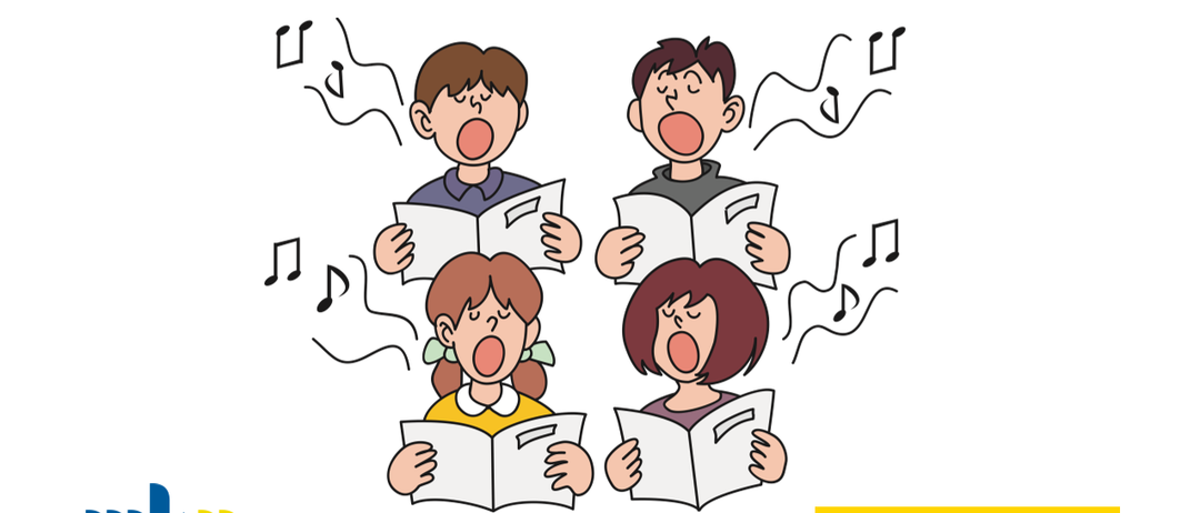 Plakat mit dem Titel 'Sing, sing, sing!' und einer Illustration eines Kinderchors, der singt. Es lädt zu einem Gesangsklassen-Event an der Volksschule Bad Fischau am 30. April 2025 um 18:00 Uhr ein.