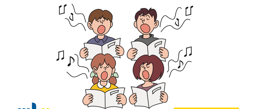 Plakat mit dem Titel 'Sing, sing, sing!' und einer Illustration eines Kinderchors, der singt. Es lädt zu einem Gesangsklassen-Event an der Volksschule Bad Fischau am 30. April 2025 um 18:00 Uhr ein.