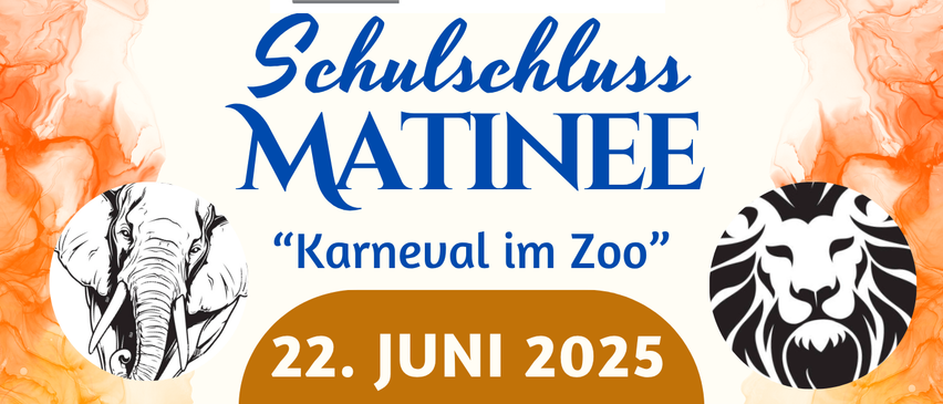 Plakat für eine musikalische Matinee im Zoo. Die Veranstaltung trägt den Titel 'Karneval im Zoo' und ist für den 22. Juni 2025 geplant. Die Aufführung beginnt um 10:30 Uhr auf dem Festplatz.