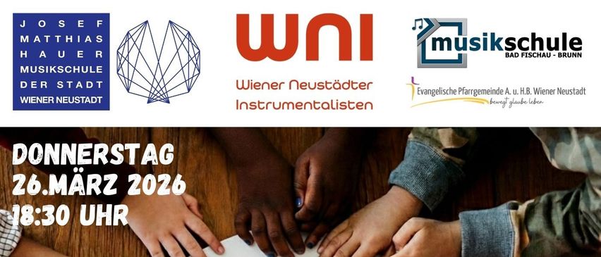 Ein Poster bewirbt ein Gemeinschafts-Benefiz-Konzert am Donnerstag, 26. März 2026, um 18:30 Uhr. Mehrere Hände umgeben einen zentralen weißen Kreis mit rotem Text, der 'Gemeinsam Benefiz Konzert' lautet. Der Veranstaltungsort ist die Auferstehungskirche in Wiener Neustadt. Ein QR-Code ist vorhanden.