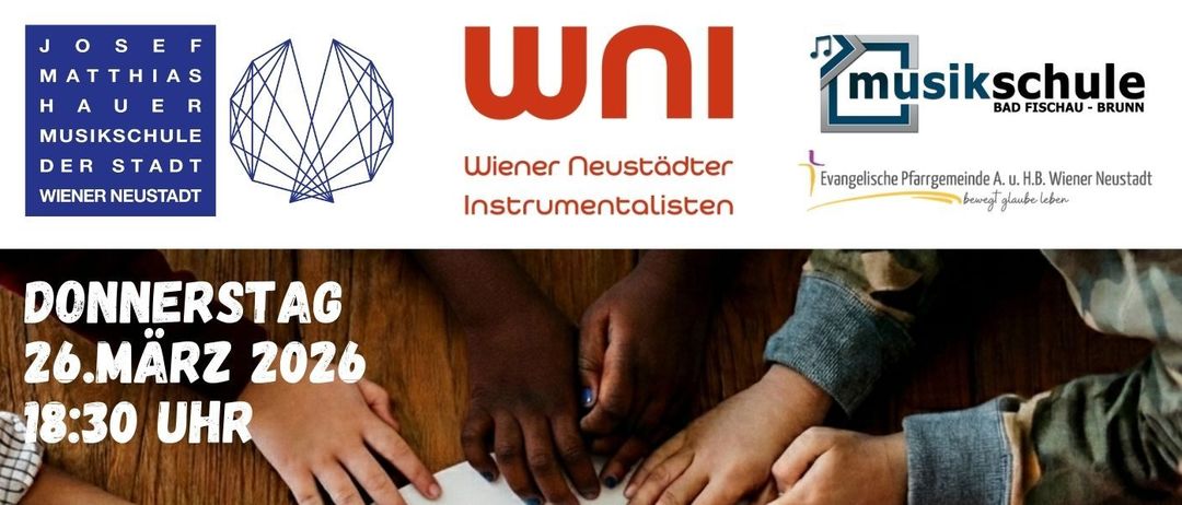 Ein Poster bewirbt ein Gemeinschafts-Benefiz-Konzert am Donnerstag, 26. März 2026, um 18:30 Uhr. Mehrere Hände umgeben einen zentralen weißen Kreis mit rotem Text, der 'Gemeinsam Benefiz Konzert' lautet. Der Veranstaltungsort ist die Auferstehungskirche in Wiener Neustadt. Ein QR-Code ist vorhanden.