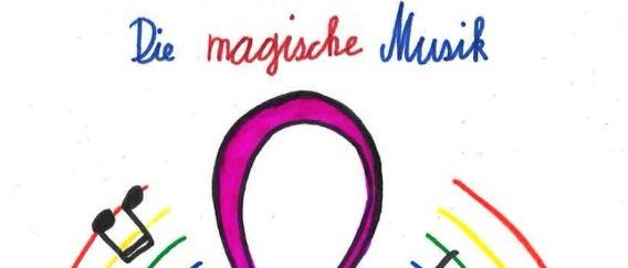 Ein Plakat mit einem großen lila Notenschlüssel in der Mitte, umgeben von Musiknoten. Der Text lautet 'Die magische Musik' und das Datum 26.2.2026 um 17:30. Ort: Schloss Bad Fischau Brunn.