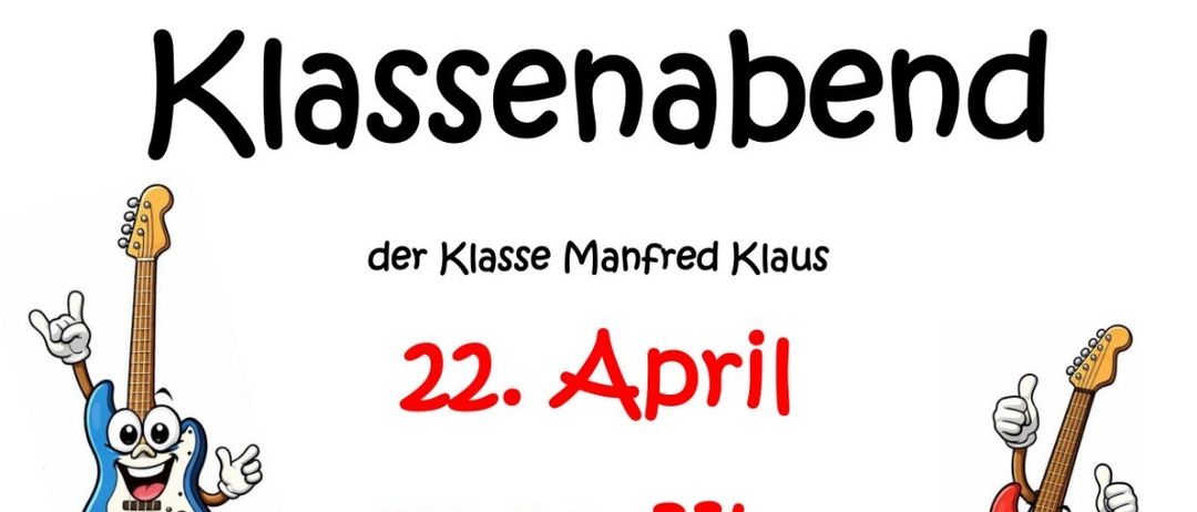 Das Bild zeigt Cartoon-Gitarren und einen Cello mit den Texten 'Kissenbach', '22. April 17:00 Uhr Haus der Musik' und 'Wir freuen uns auf euch!'. Es ist eine Einladung zu einem Musikevent.
