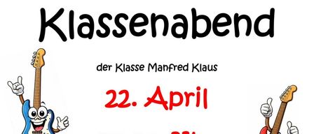 The image features cartoon guitars and a cello with the text 'Kissenbach', '22. April 17:00 Uhr Haus der Musik', and 'We look forward to you!'. It is an invitation for a music event.