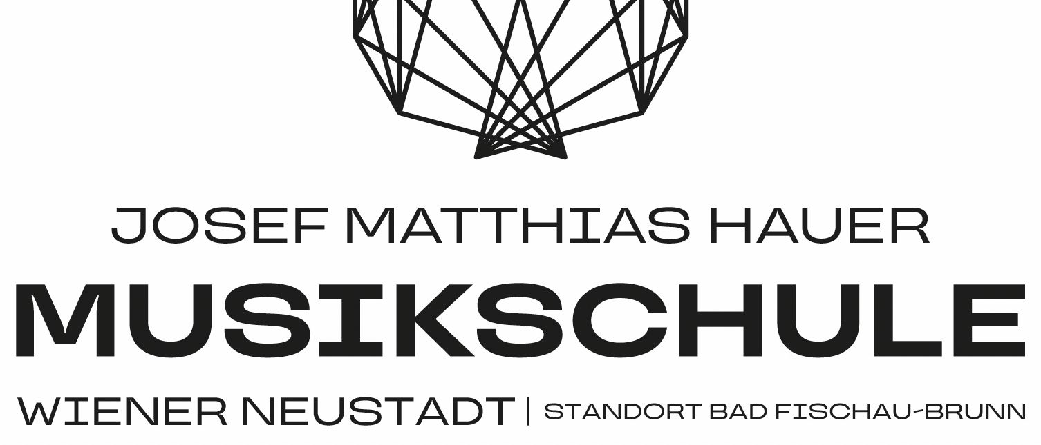 Ein schwarz-weißes Logo mit einer geometrischen Diamantform über dem Text 'Josef Matthias Haueis Musikschule' und dem Standort 'Neustadt | Standort Bad Fischau'.