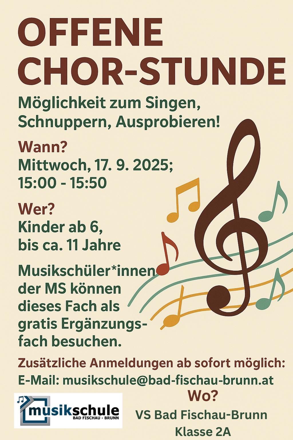 Plakat für eine Singstunde, bei der Kinder im Alter von 6 bis 11 Jahren singen, summen und ausprobieren können. Wann? Mittwoch, 17. September 2025, 15:00 - 15:50. Wer? Schüler der Musikschule können diesen kostenlosen Ergänzungskurs besuchen.