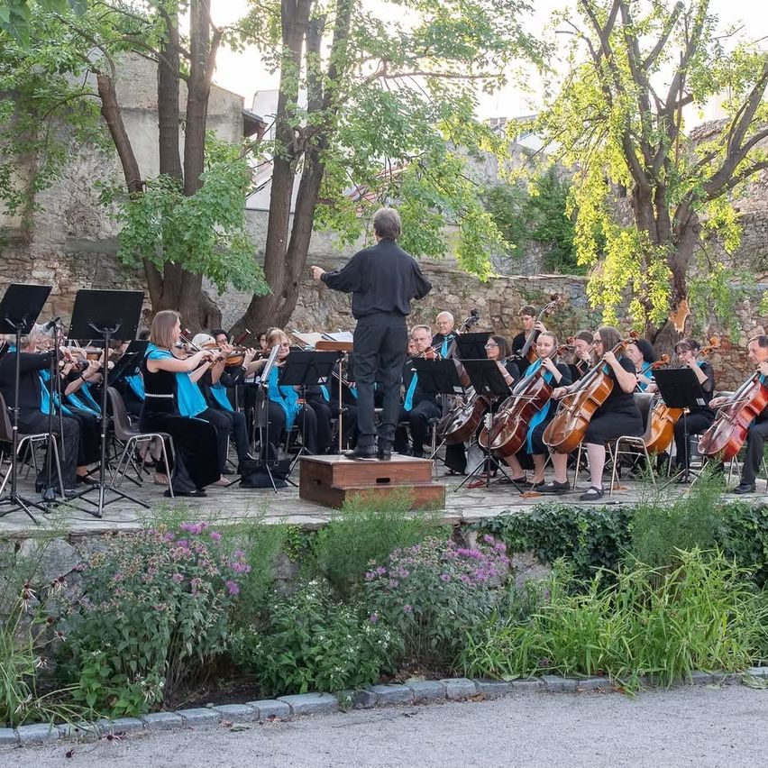Ein klassisches Orchester spielt auf einer Bühne, umgeben von Bäumen. Der Dirigent steht auf einer Holzplattform, und Musiker spielen Violinen, Celli und Flöten.