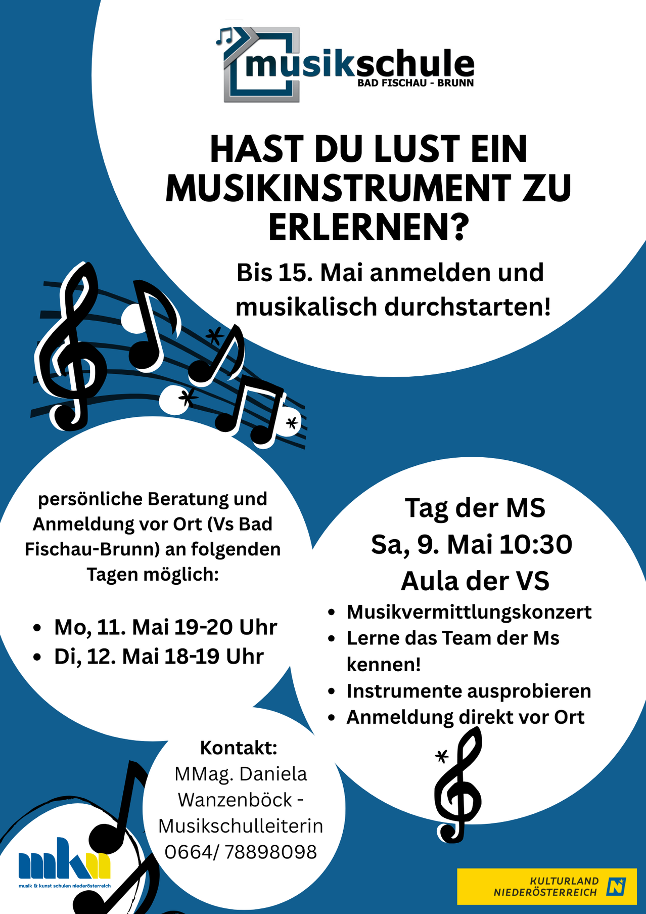 Ein Informationsposter zum Erlernen eines Musikinstruments. Es enthält Details zu Terminen, Zeiten und Orten für die Anmeldung und eine Musikpräsentation. Das Poster hebt persönliche Beratung und Anmeldeoptionen hervor.