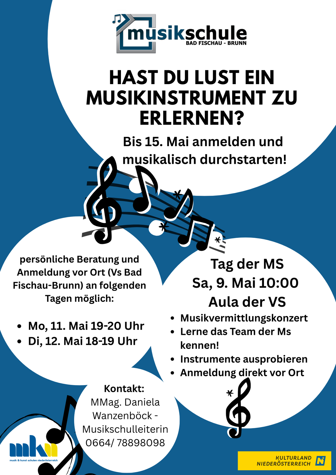 Flyer für einen Musikworkshop. Lerne ein Instrument bis zum 15. Mai. Lerne das Team kennen, probiere Instrumente aus und melde dich am 9. Mai um 10:00 Uhr an. Termine: 11. und 12. Mai. Kontakt: MMMag, Daniela.