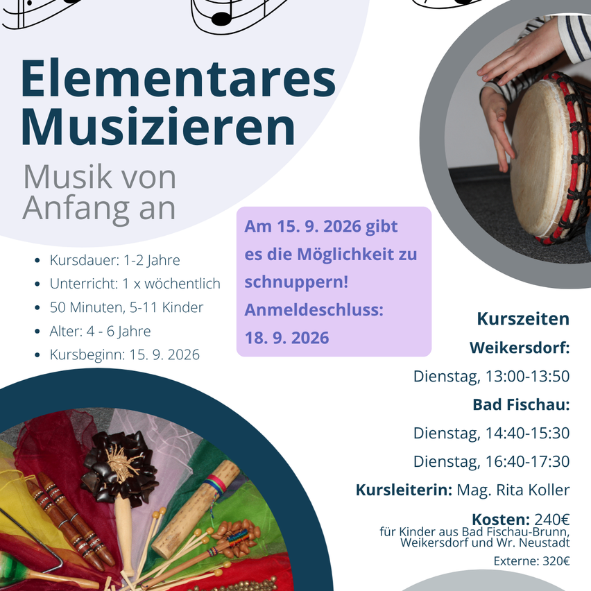 Werbung für einen Musikkurs für Anfänger, der am 15. September 2026 beginnt. Der Kurs ist für Kinder im Alter von 4-6 Jahren, dauert 1-2 Jahre mit wöchentlichen Sitzungen. Die Anmeldefrist ist der 18. September 2026.