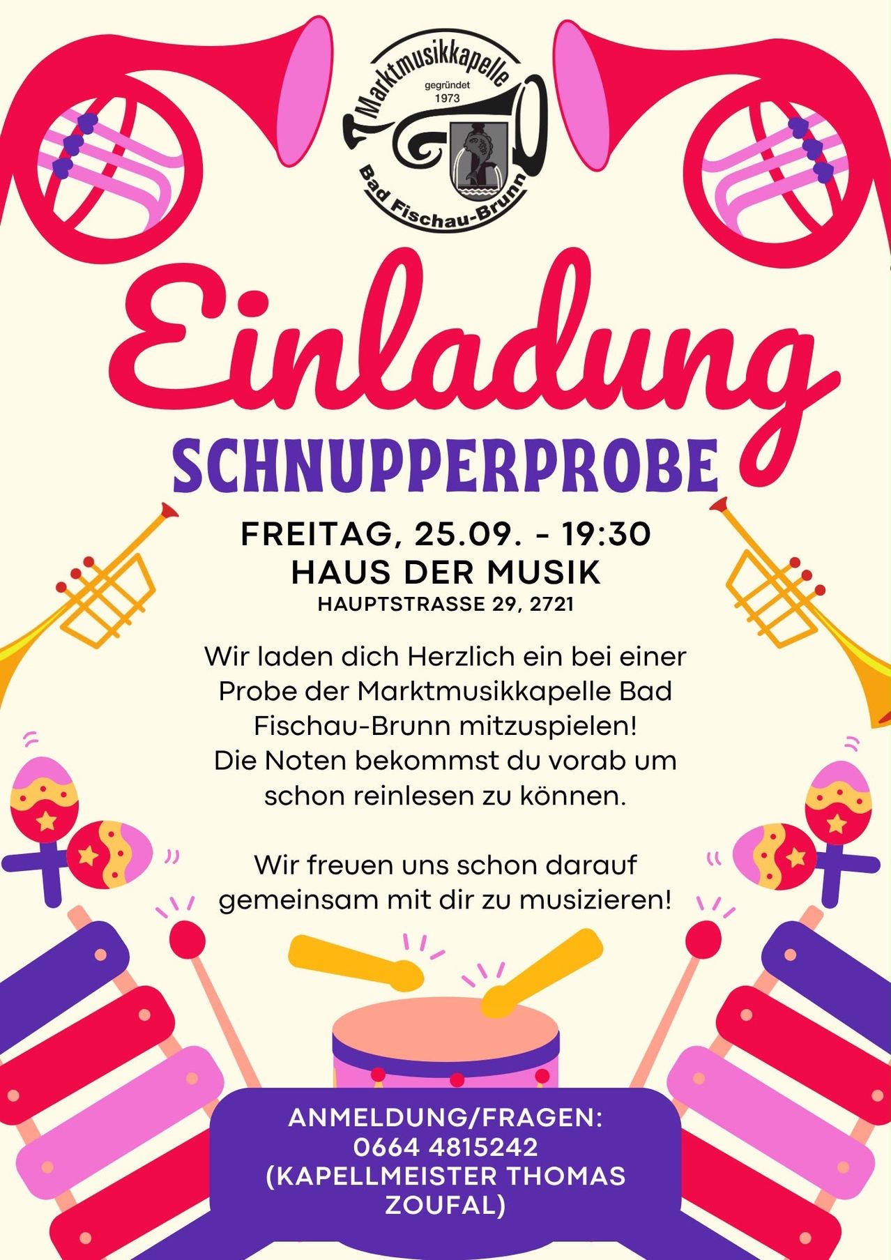 Einladung zur Schnupperprobe am Freitag, 25.09., 19:30 Uhr im Haus der Musik. Mitspielen mit Noten im Vorfeld.