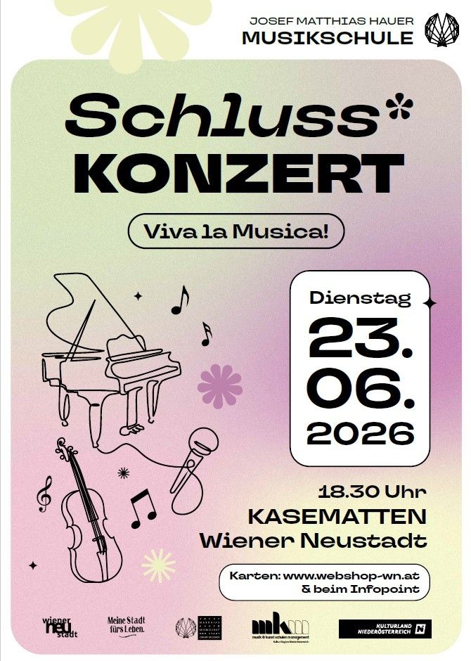 Plakat für ein Schloss Konzert mit Viva la Musica. Datum: 23. Juni 2026. Zeit: 18.30 Uhr. Ort: Kasematten, Wiener Neustadt. Karten: www.webshop-wn.at & Infopoint.