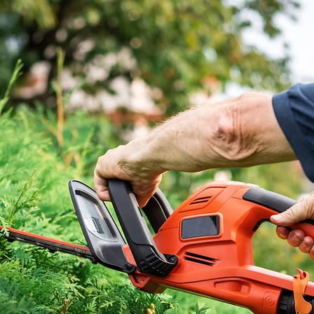 Eine Person verwendet einen orangefarbenen Heckenschneider, um Hecken in einem Garten zu trimmen.