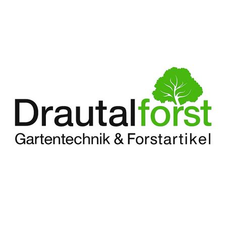 Das Logo von Drautalf Forst zeigt einen stilisierten Baum mit einem Ast rechts und dem Text 'Gartentechnik & Forstartikel' darunter. Das Wort 'Drautal' ist in Schwarz und 'forst' in Grün geschrieben.